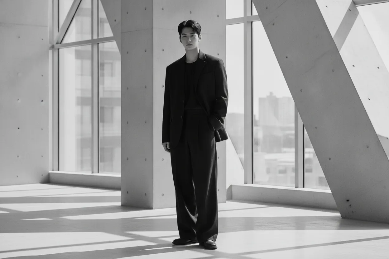 Ahn Hyo-seop inspired relaxed modern tailoring with wide trousers