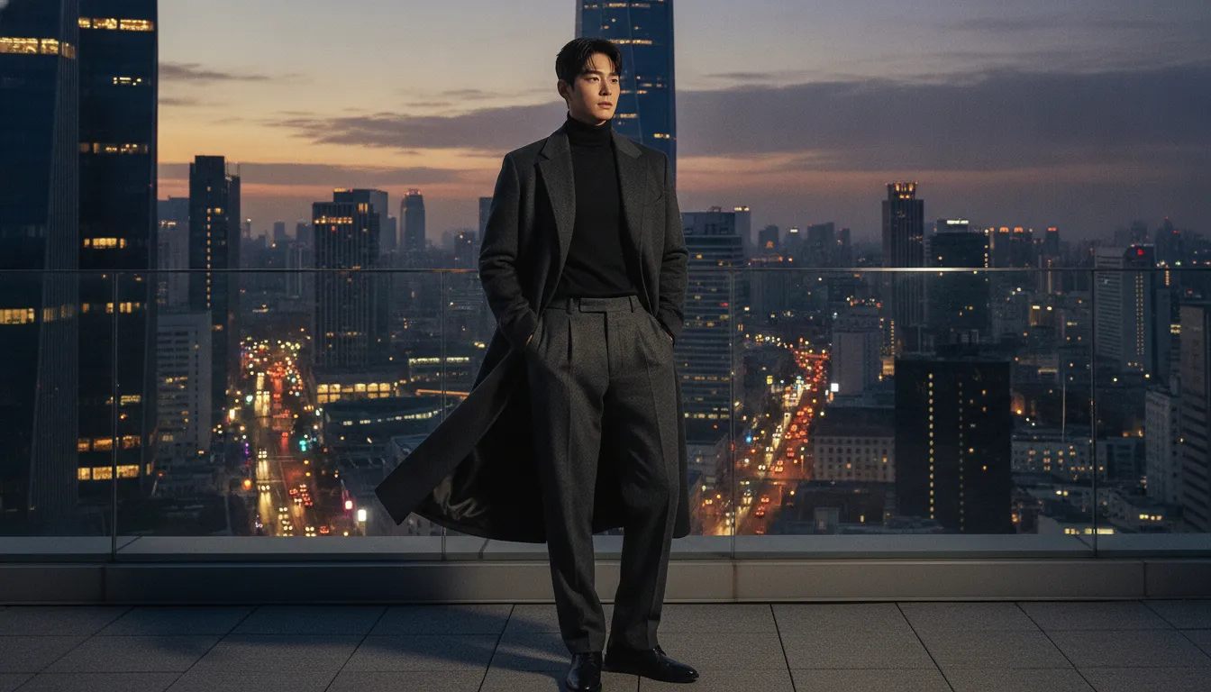 Ahn Hyo-seop inspired contemporary long coat and refined casual styling