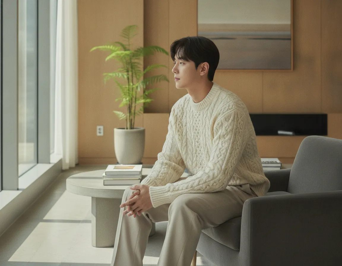 Ahn Hyo-seop inspired soft knitwear and relaxed tailored trousers