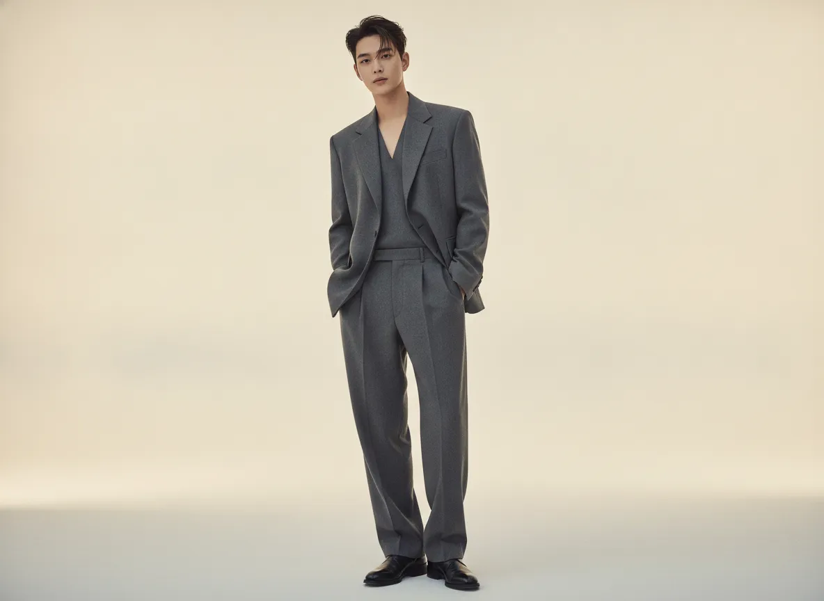 Ahn Hyo-seop inspired current signature style in a dark tailored look