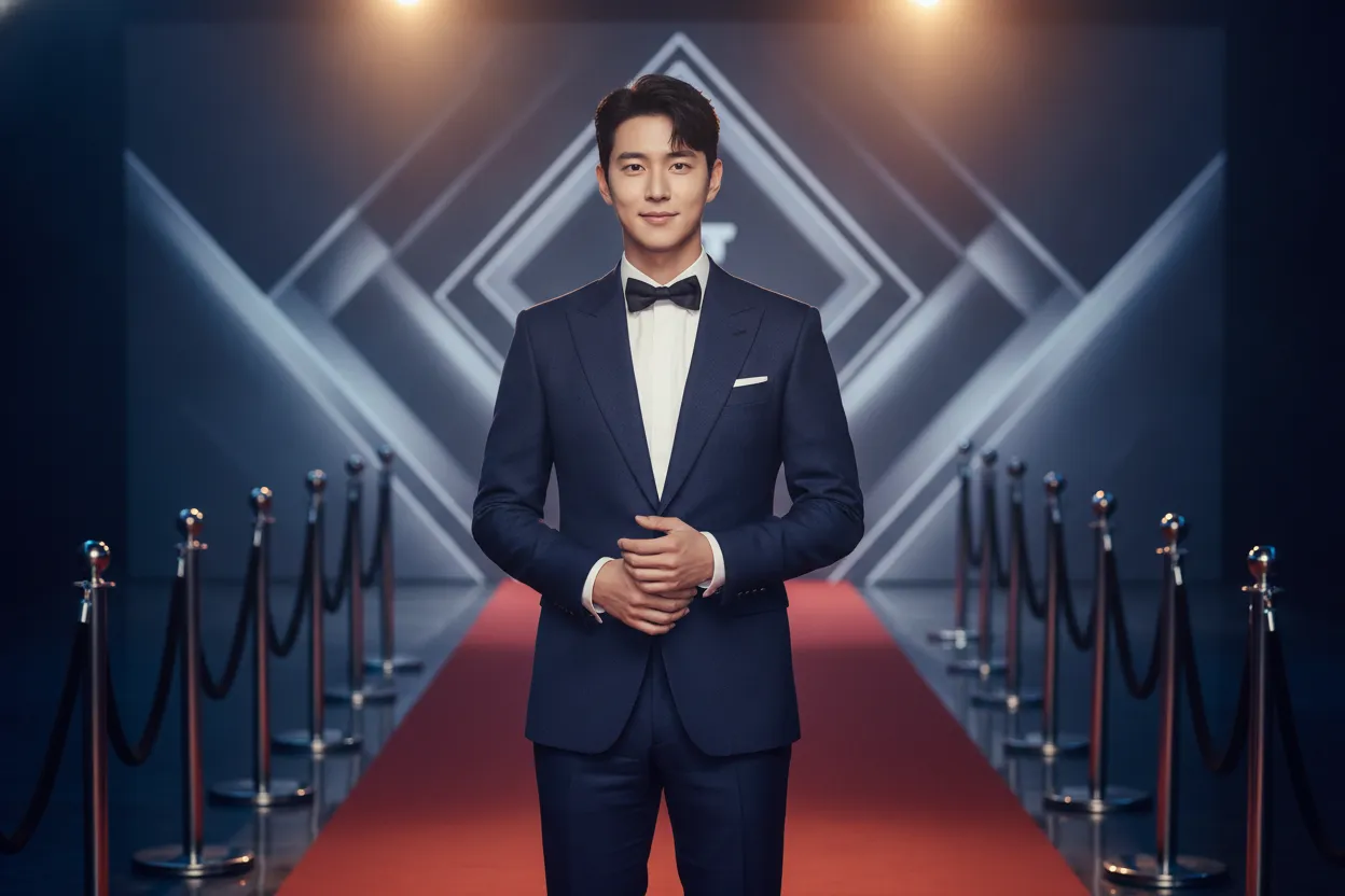 Ahn Hyo-seop inspired confident red-carpet pose in modern tailoring
