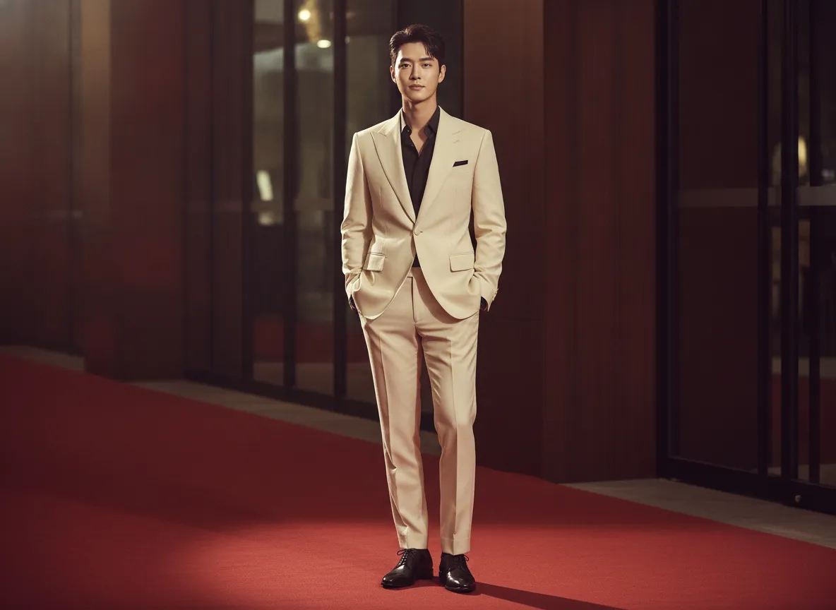 Ahn Hyo-seop inspired cream evening suit at a red-carpet event