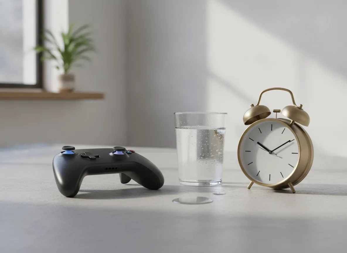 Gaming controller beside a clock and a glass of water