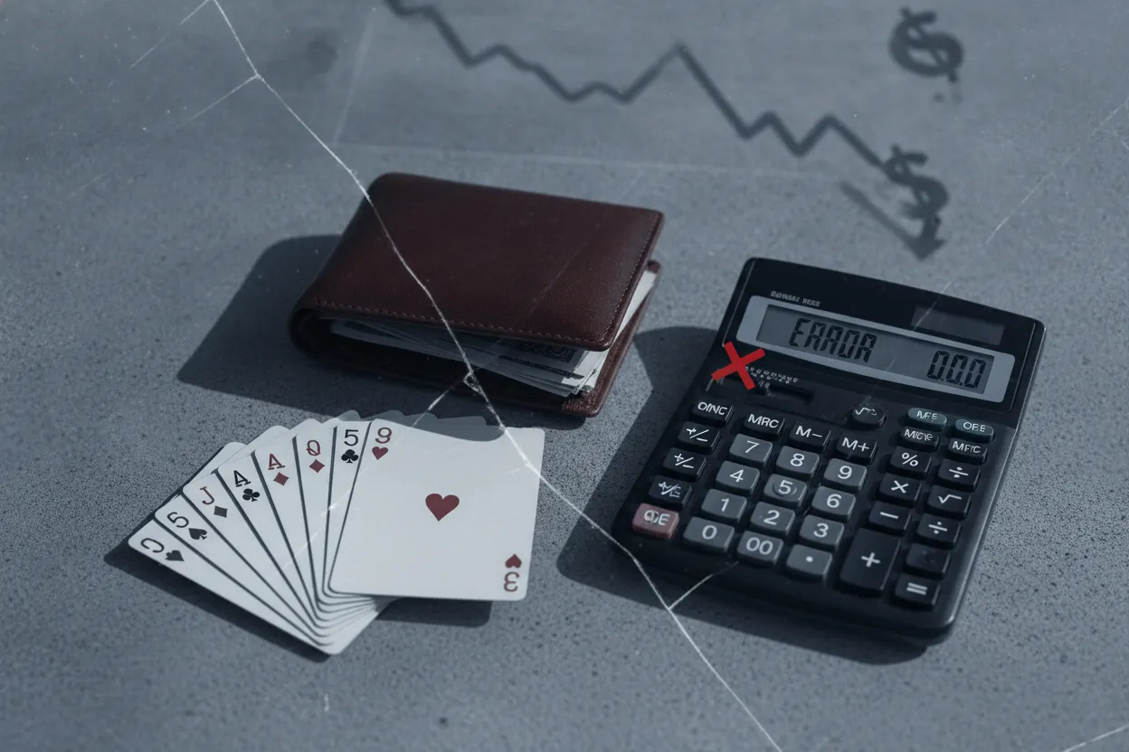 Playing cards beside a closed wallet and calculator