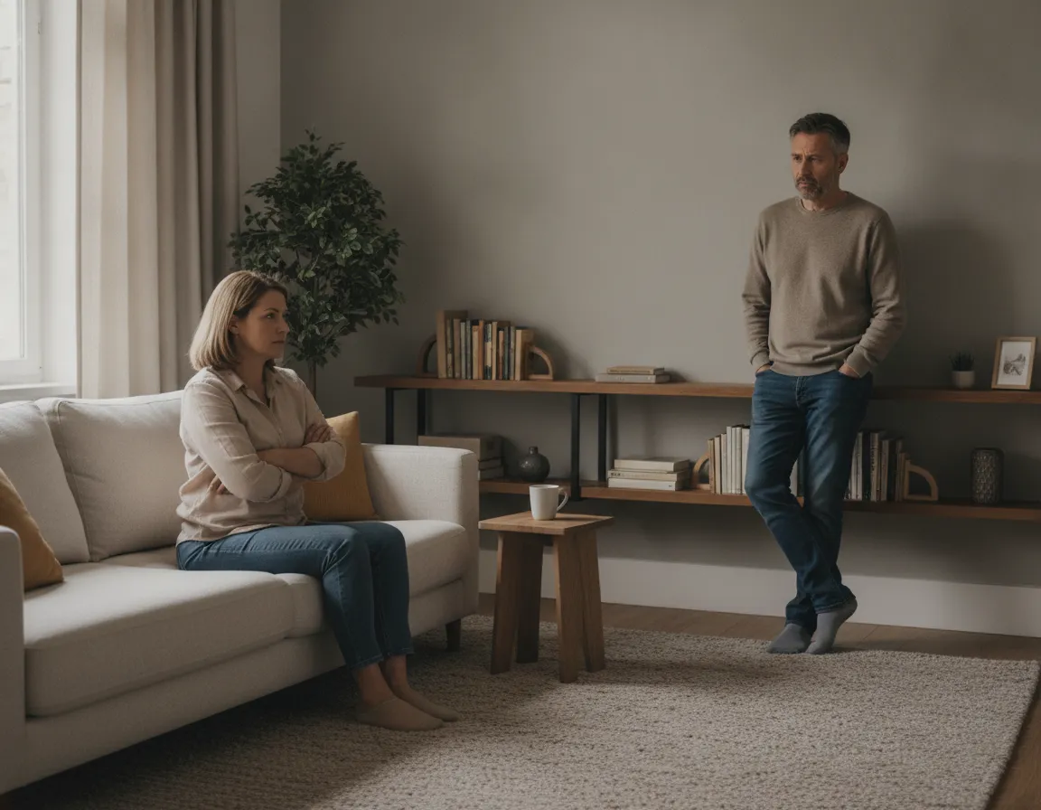 Adult man looking away from a partner during a difficult conversation
