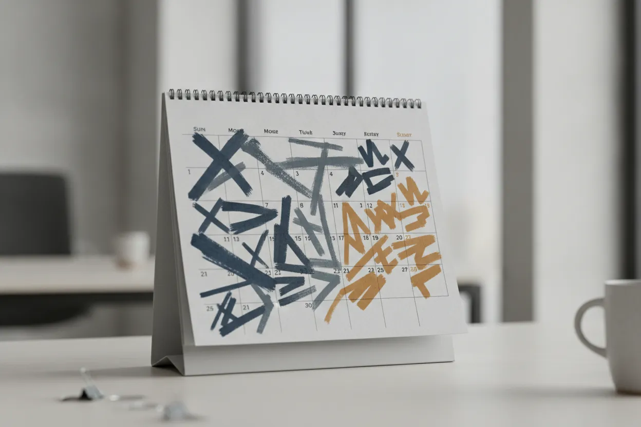 Calendar with missed sleep and work blocks represented by simple marks
