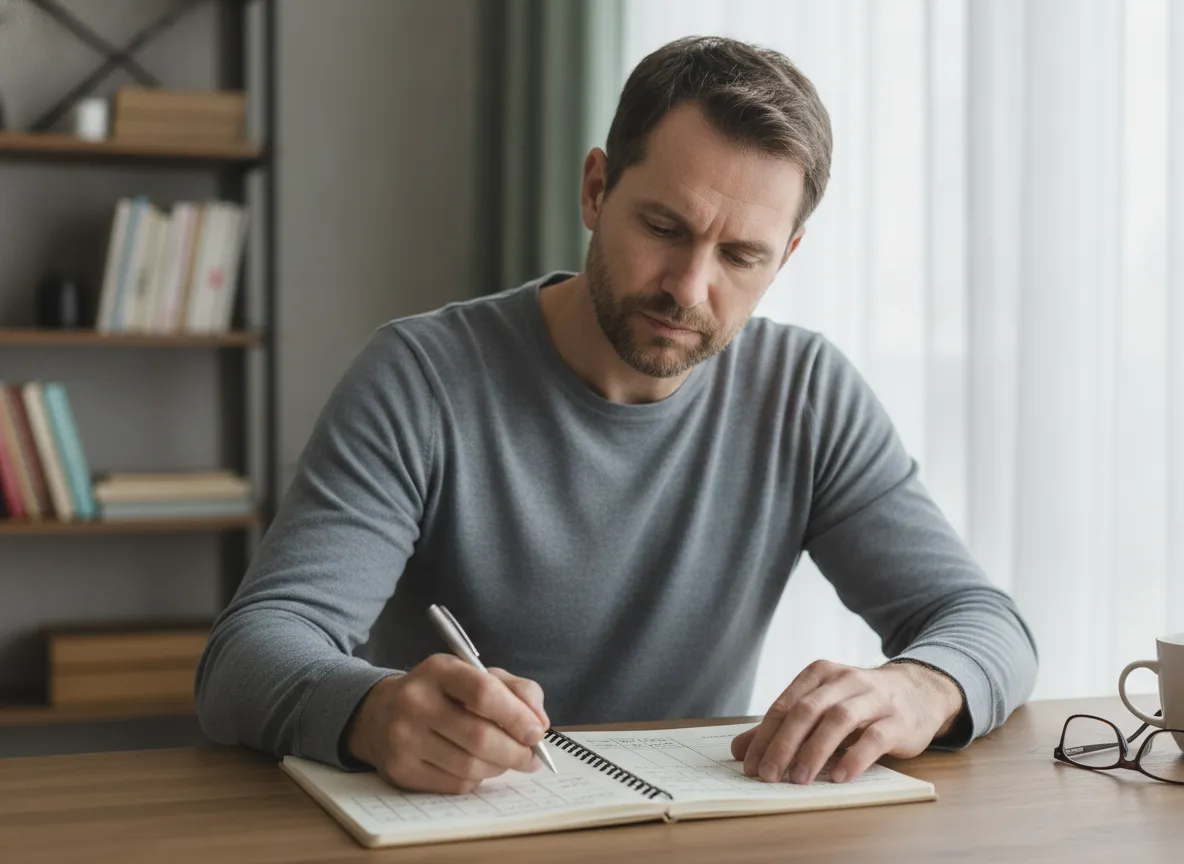Man reviewing personal time and spending in a notebook