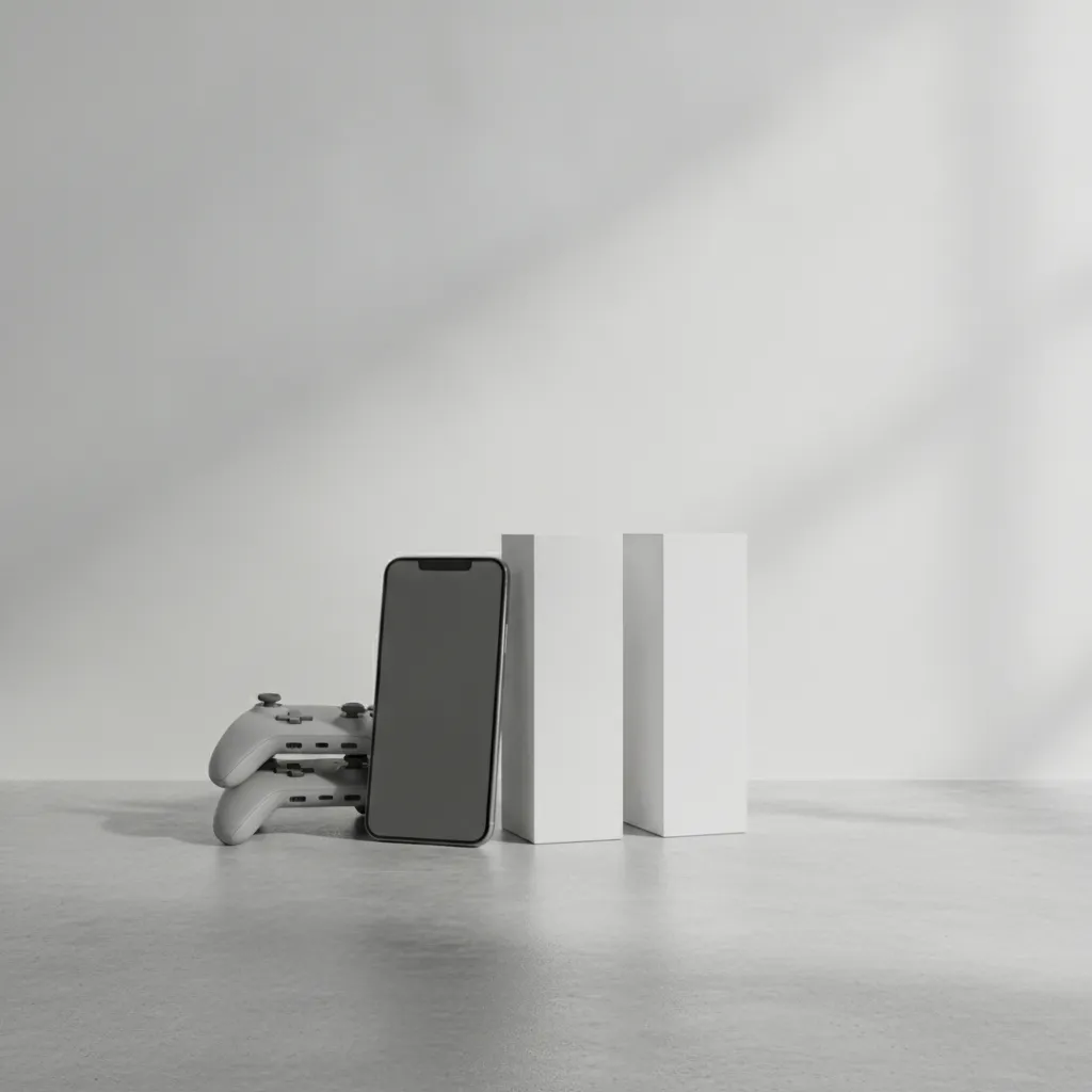 Neutral pause symbol beside a phone and controller