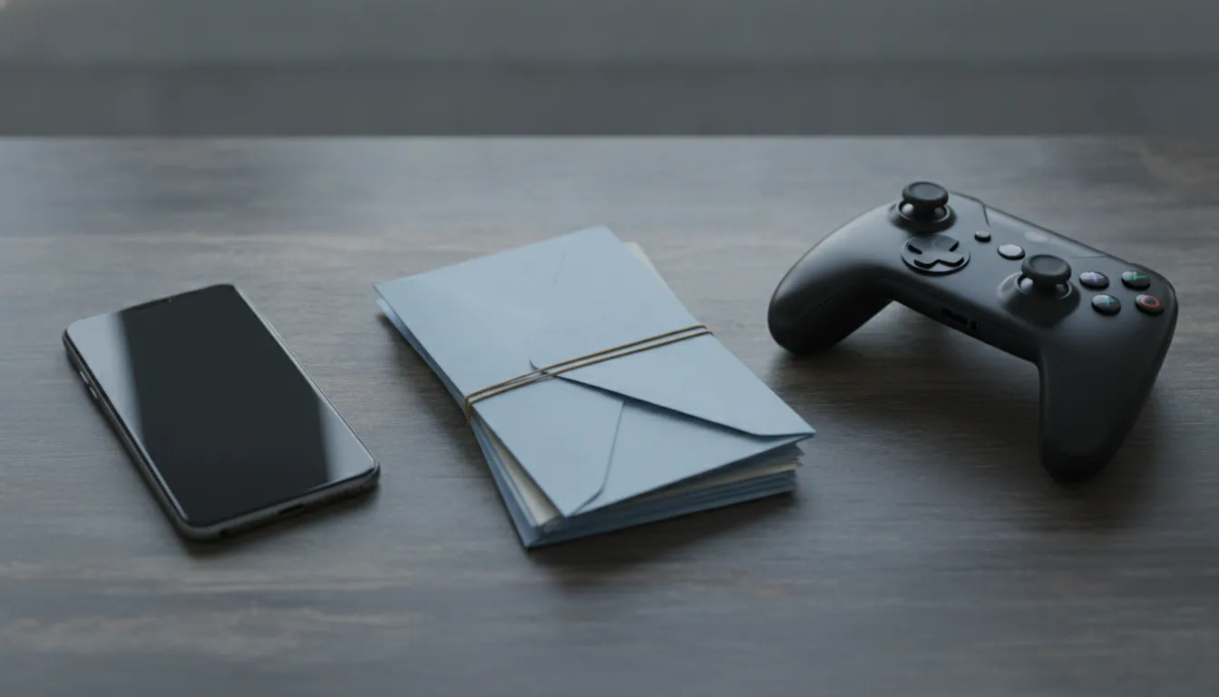 Desk with unpaid bills, a phone, and a game controller in a neutral setting