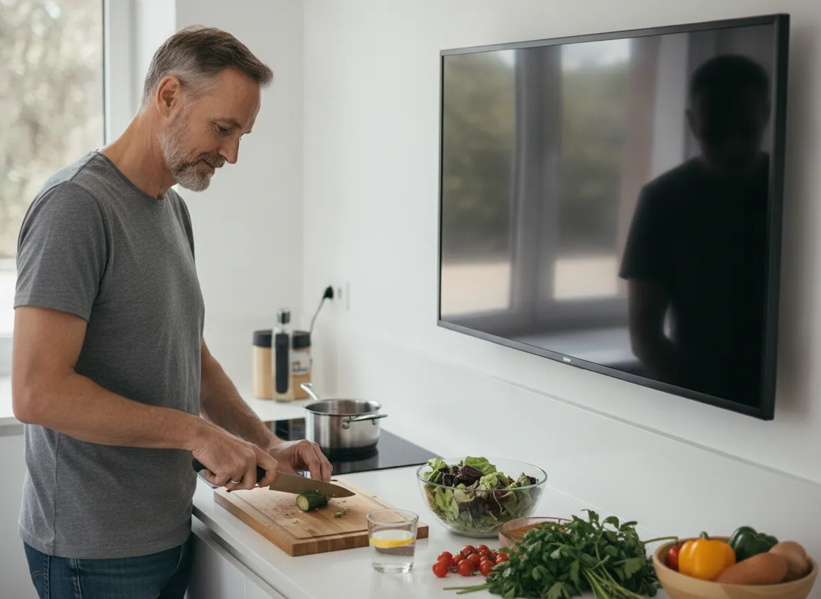 Man preparing a simple meal beside a turned-off screen