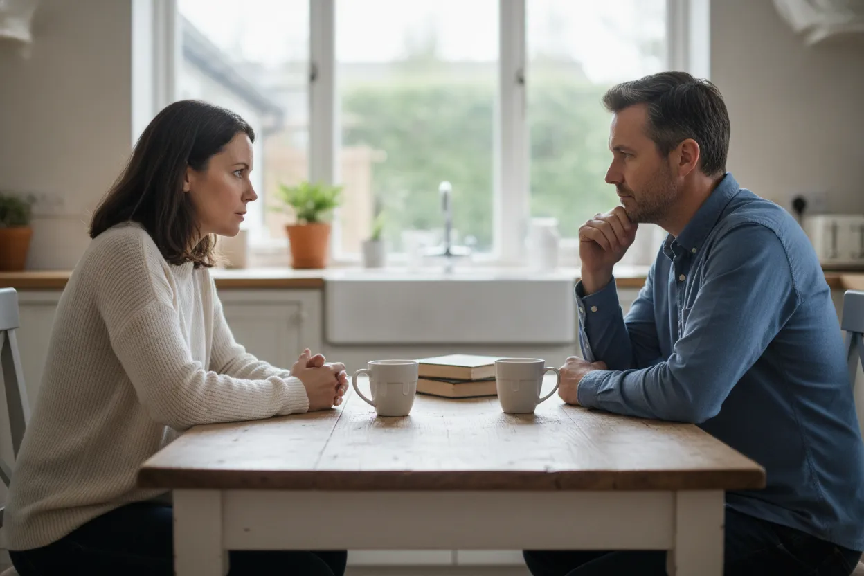 Couple discussing boundaries at a kitchen table