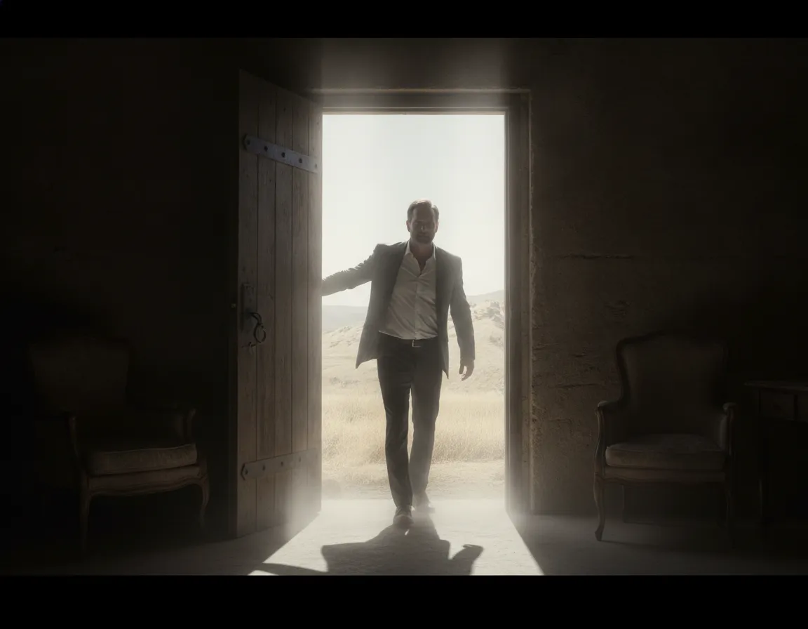 Man walking outside after leaving a dark room