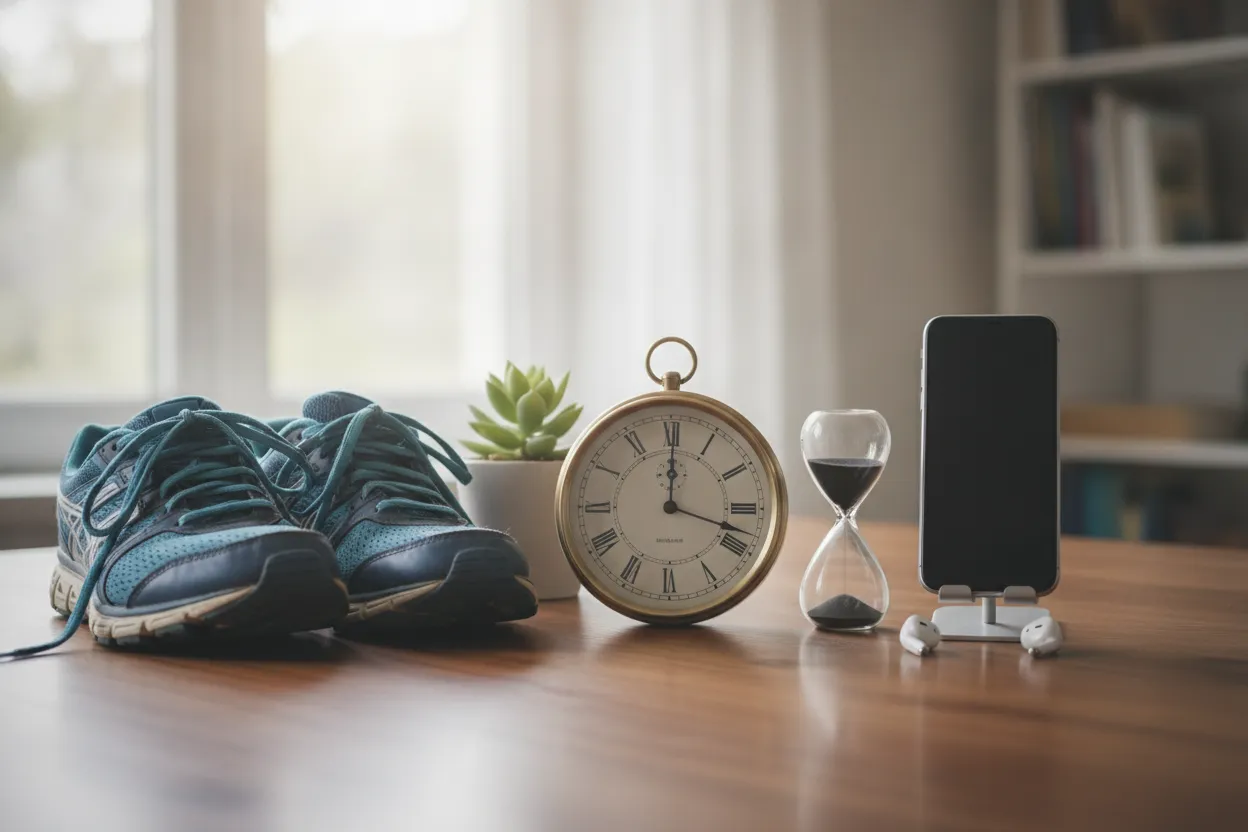 Clock, running shoes, and phone arranged to represent daily balance