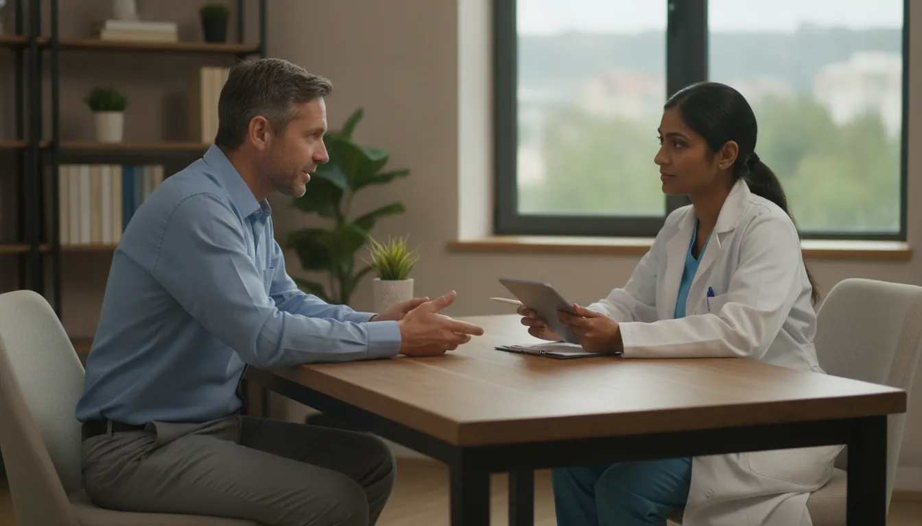 Adult man speaking with a health professional in a private office