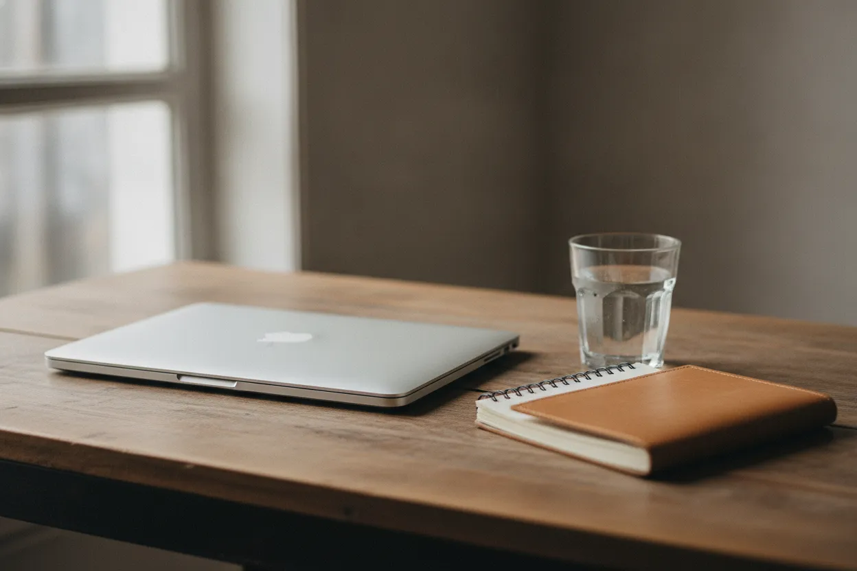 Closed laptop beside a notebook and cup of water