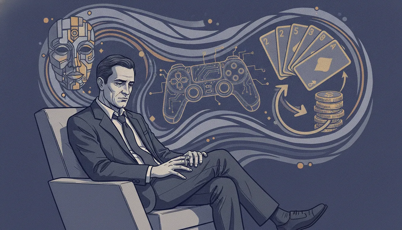Adult man sitting alone while three different habit symbols appear in the background