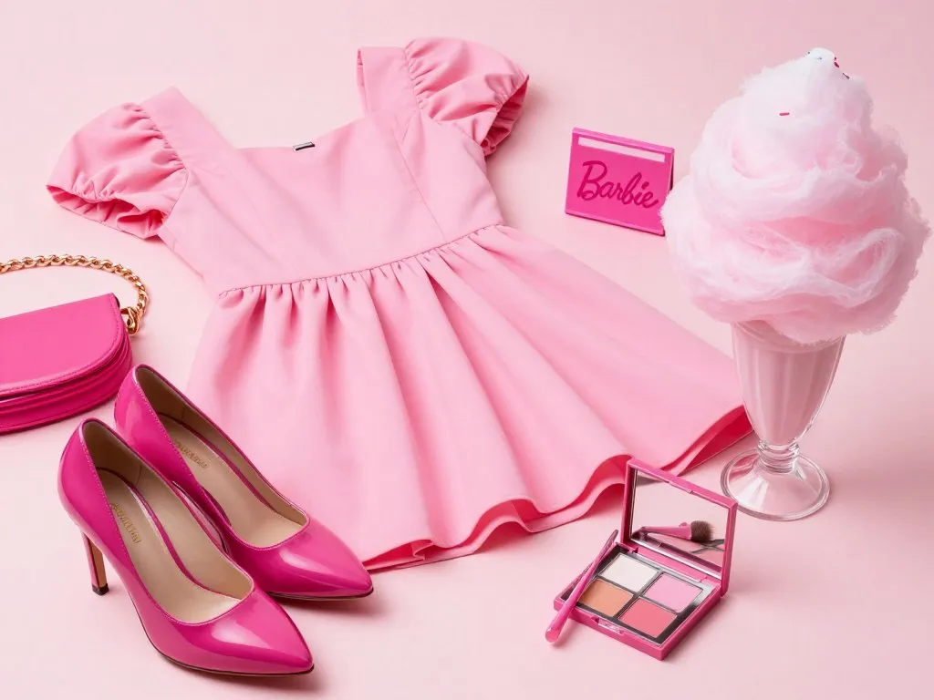Pink dress and accessories arranged beside a candy-colored milkshake