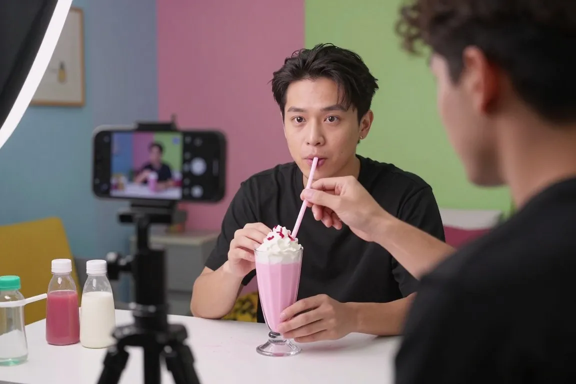 TikTok creator filming a Barbie shake transformation video