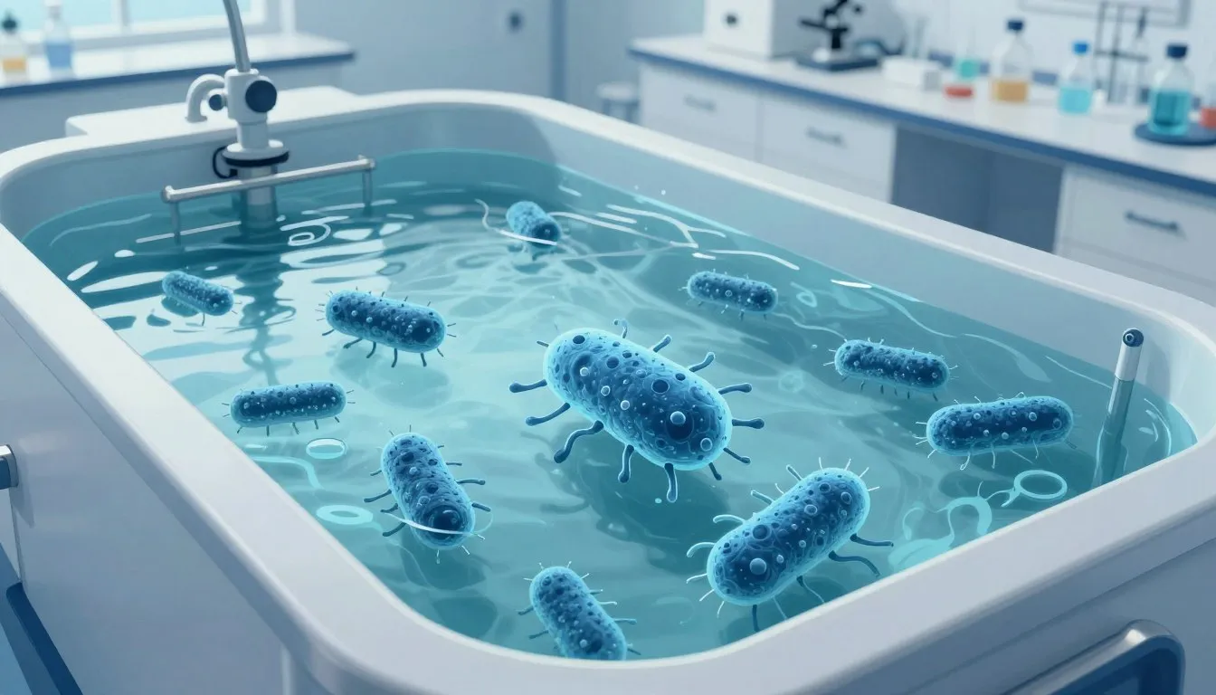 Replacing chlorine in tap water with harmless predatory bacteria shown in a scientific water treatment illustration