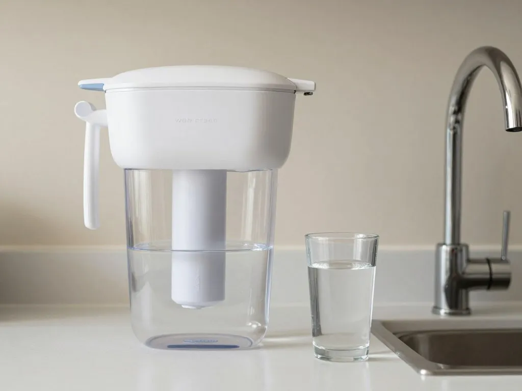 Household chlorine tap water filter beside a glass of drinking water