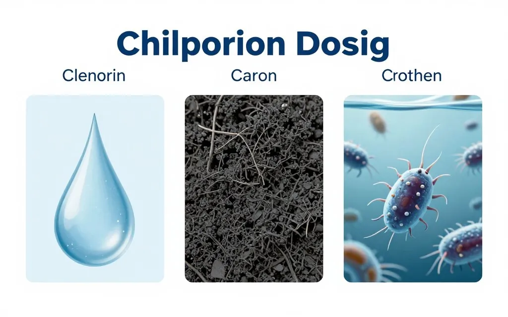 Water treatment comparison showing chlorine, carbon filters, and biological treatment concepts