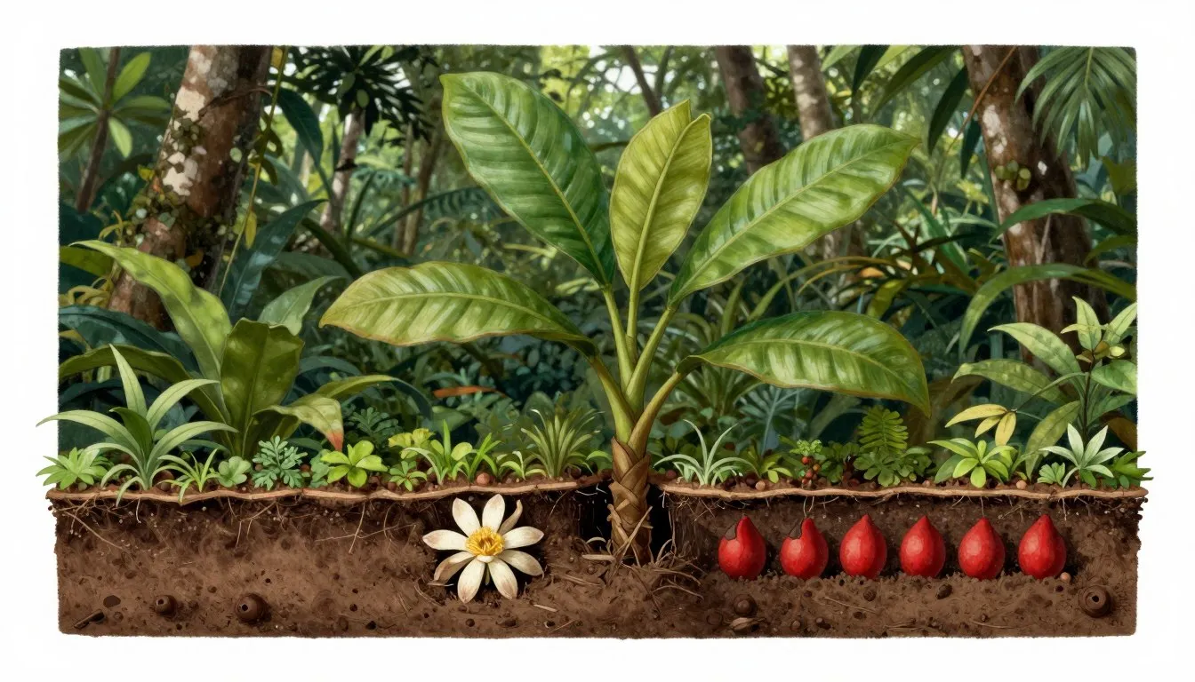 Borneo palm tree that blooms and bears fruit underground in rainforest soil
