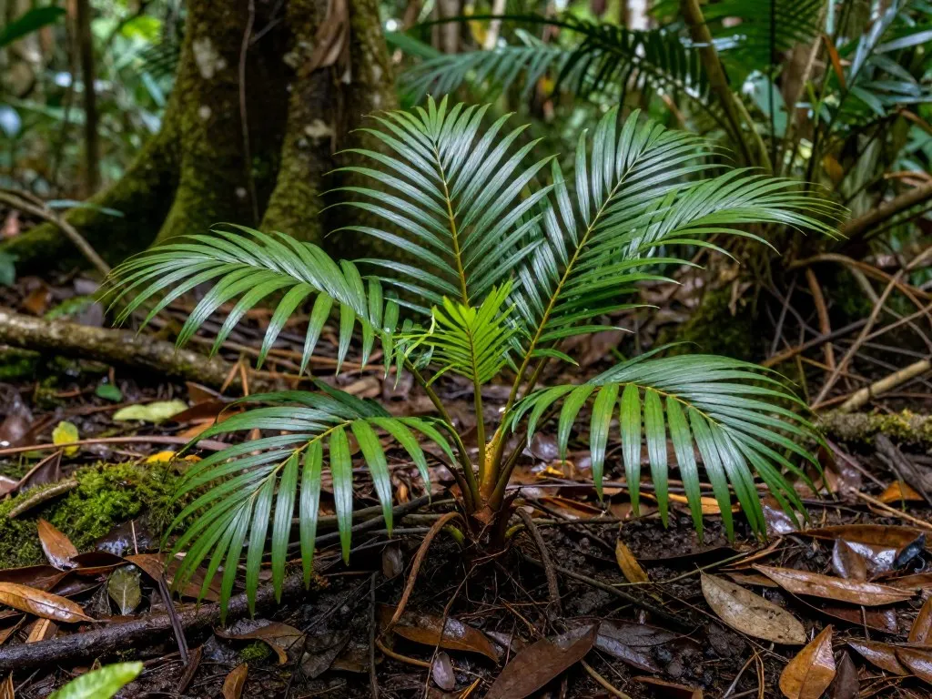 Pinanga subterranea palm leaves growing on the rainforest floor in Borneo