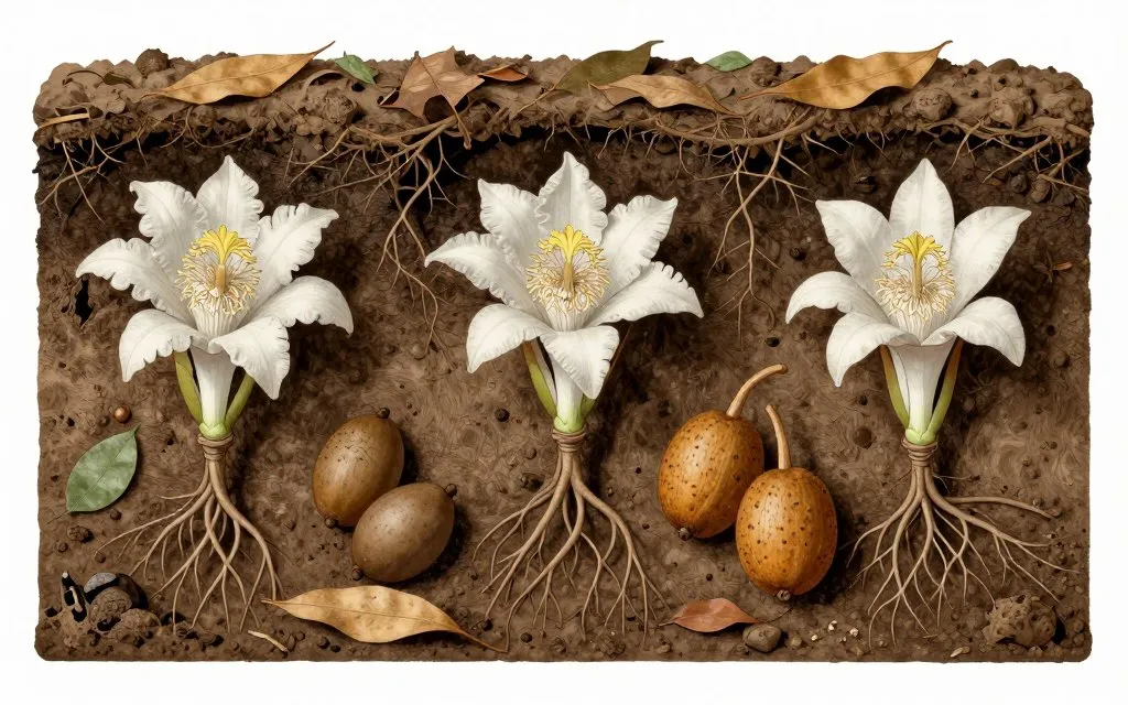 Underground flowers and fruit of Pinanga subterranea beneath Borneo rainforest soil