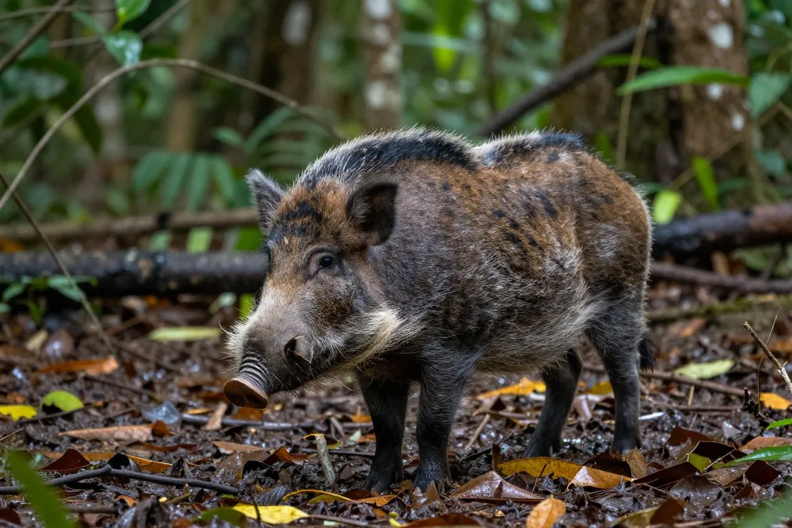 Bearded pig in Lanjak Entimau Wildlife Sanctuary near a rare Borneo palm