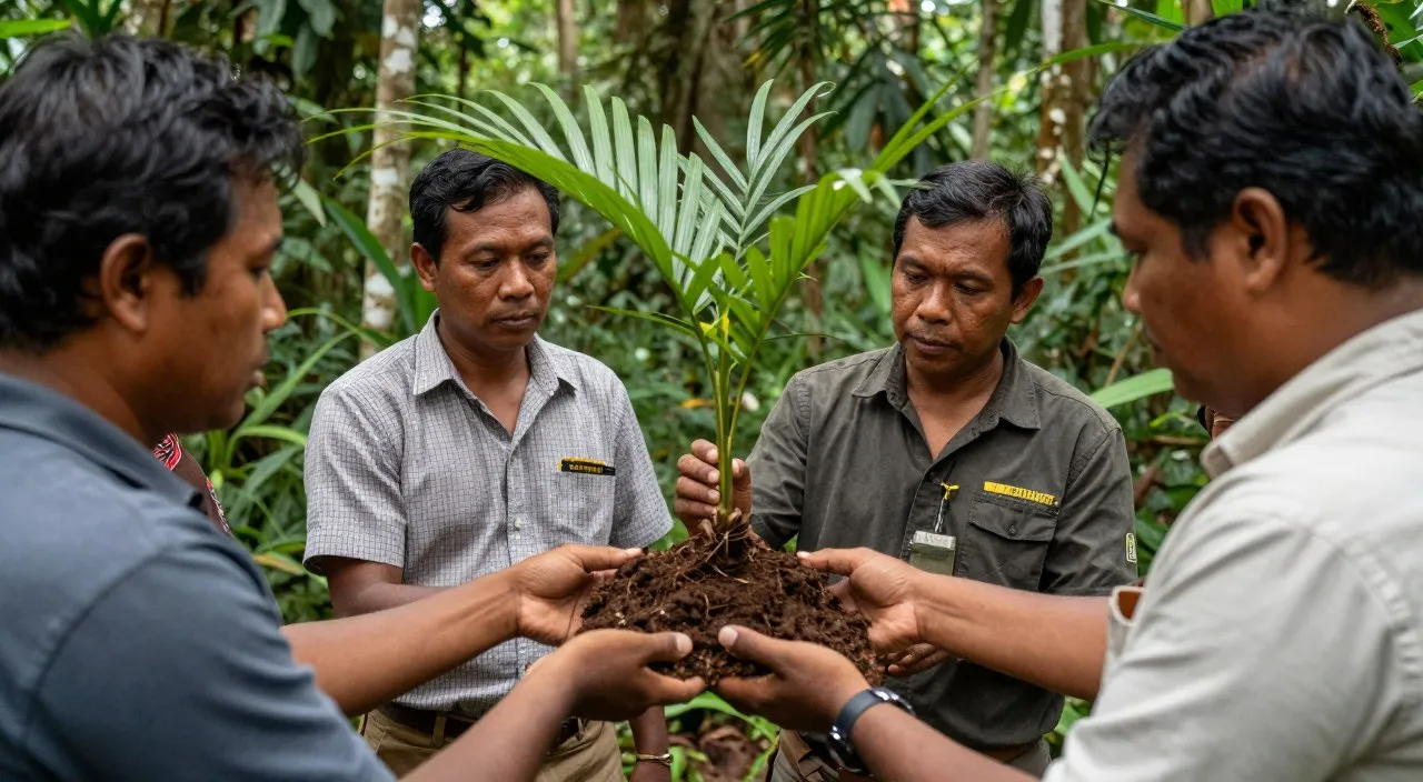 Researchers studying Pinanga subterranea and rainforest soil in Borneo