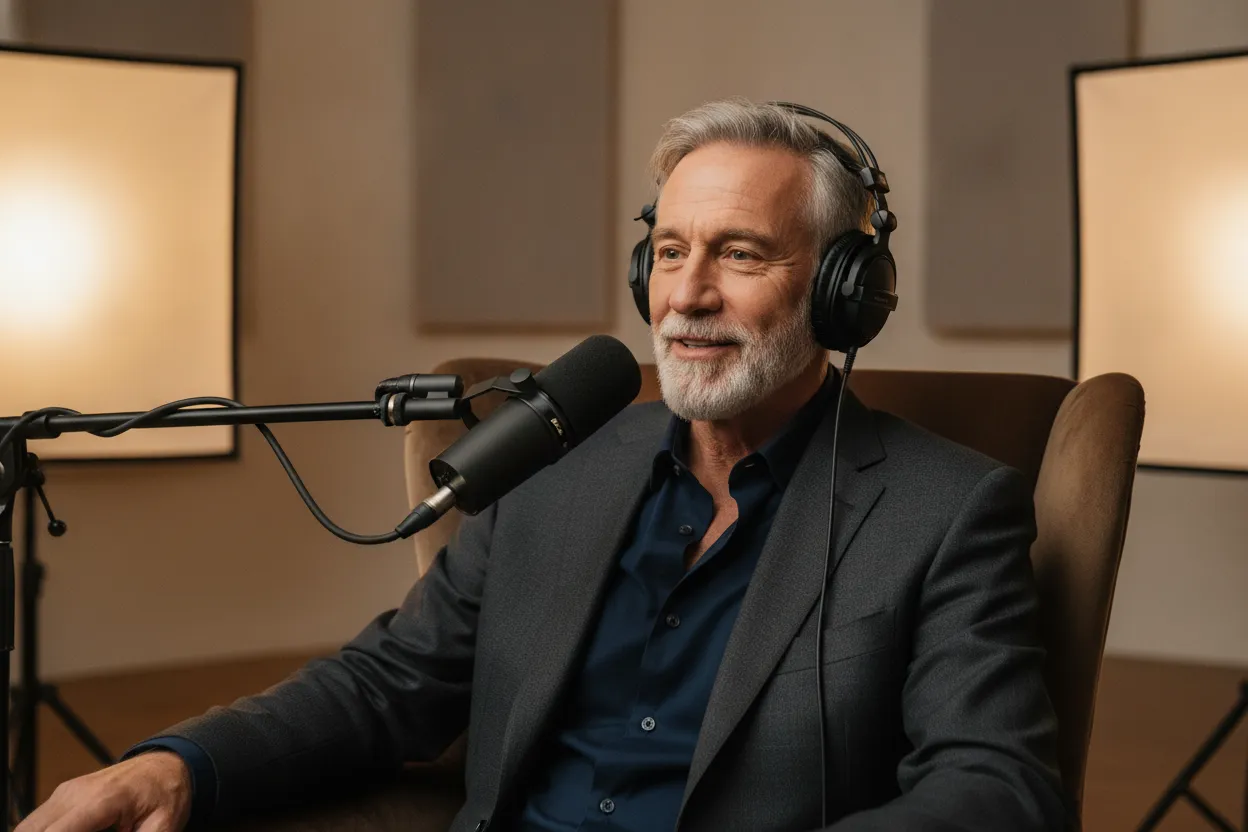 George Clooney inspired interview setting showing a mature actor in a calm studio