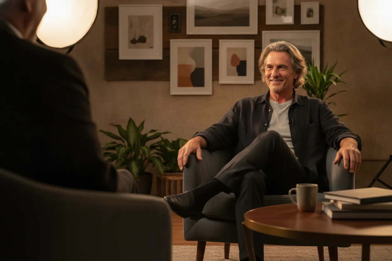 Brad Pitt inspired film interview setting with a relaxed mature actor