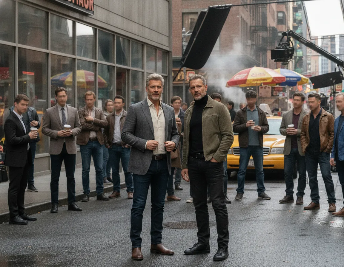 Brad Pitt and George Clooney inspired ensemble film scene