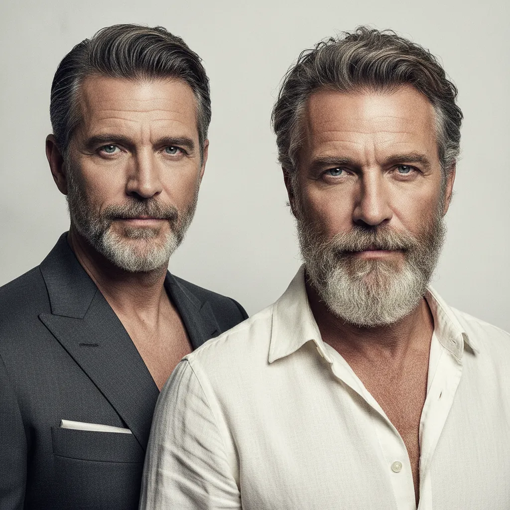 Classic grooming styles associated with George Clooney and Brad Pitt inspired celebrity portraits