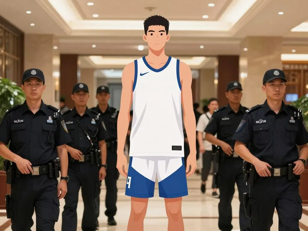 Security team surrounding a tall basketball player in a crowded hotel