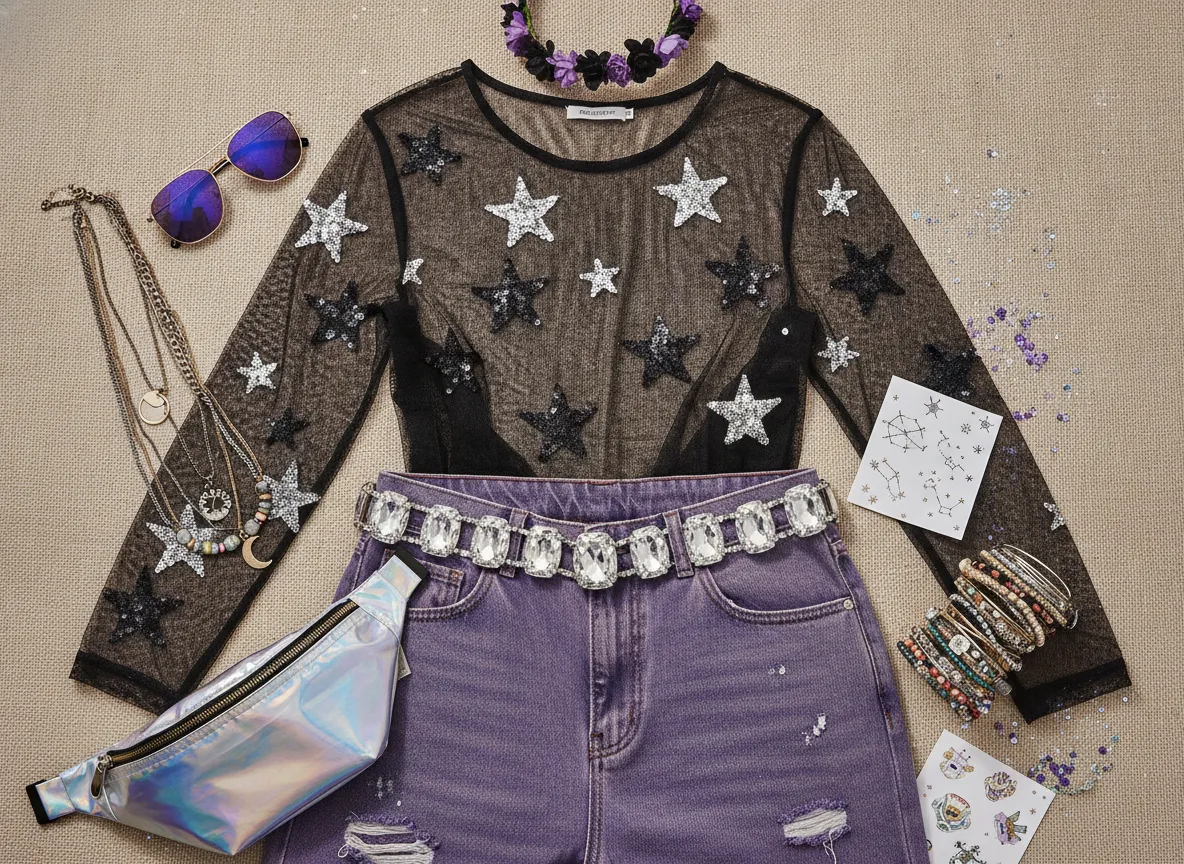 Mesh top with star appliques, purple jeans, and rhinestone belt inspired by Sami Sheen’s festival outfit