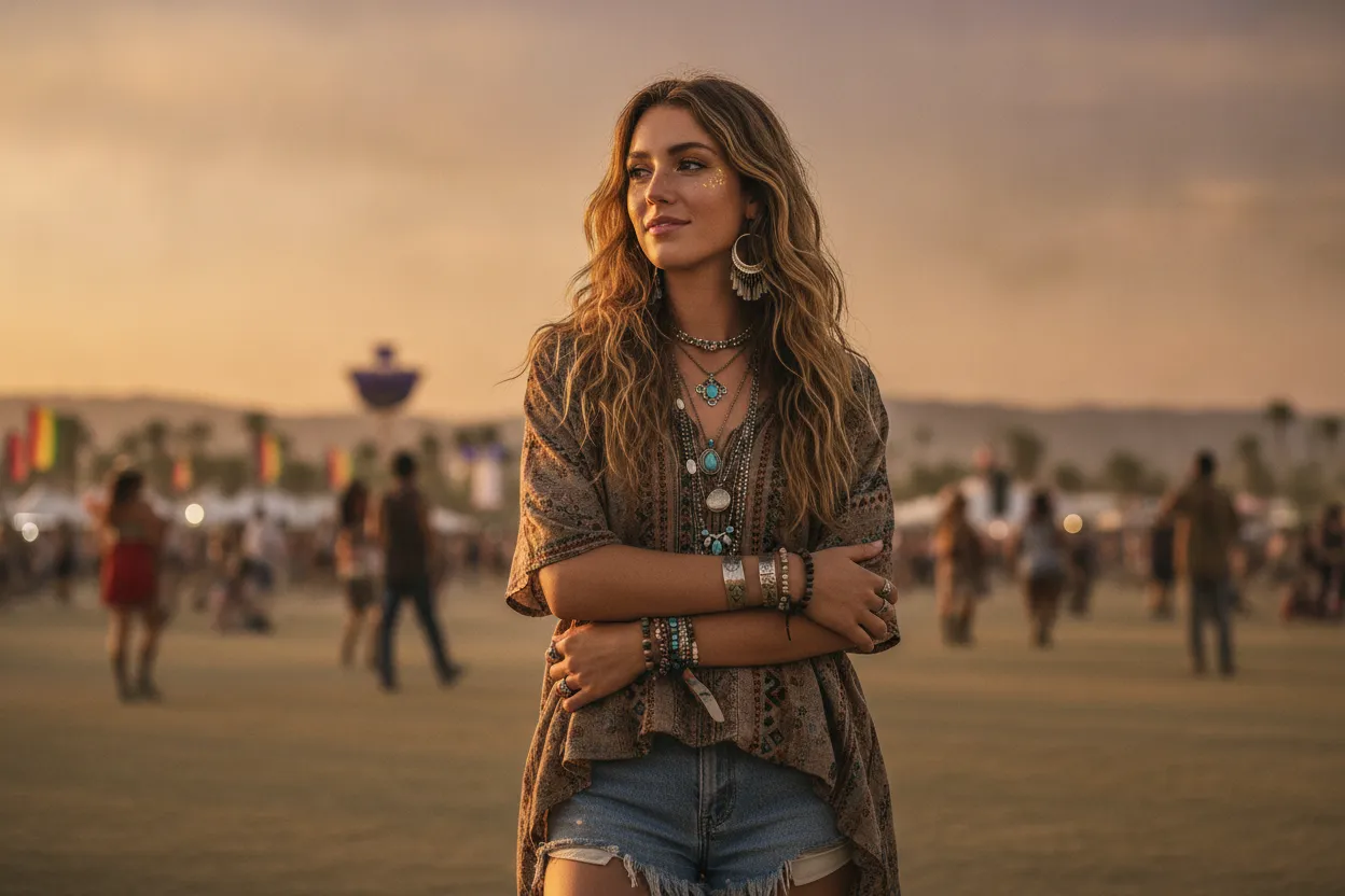 Young adult festival attendee with loose hair and layered accessories in a desert setting