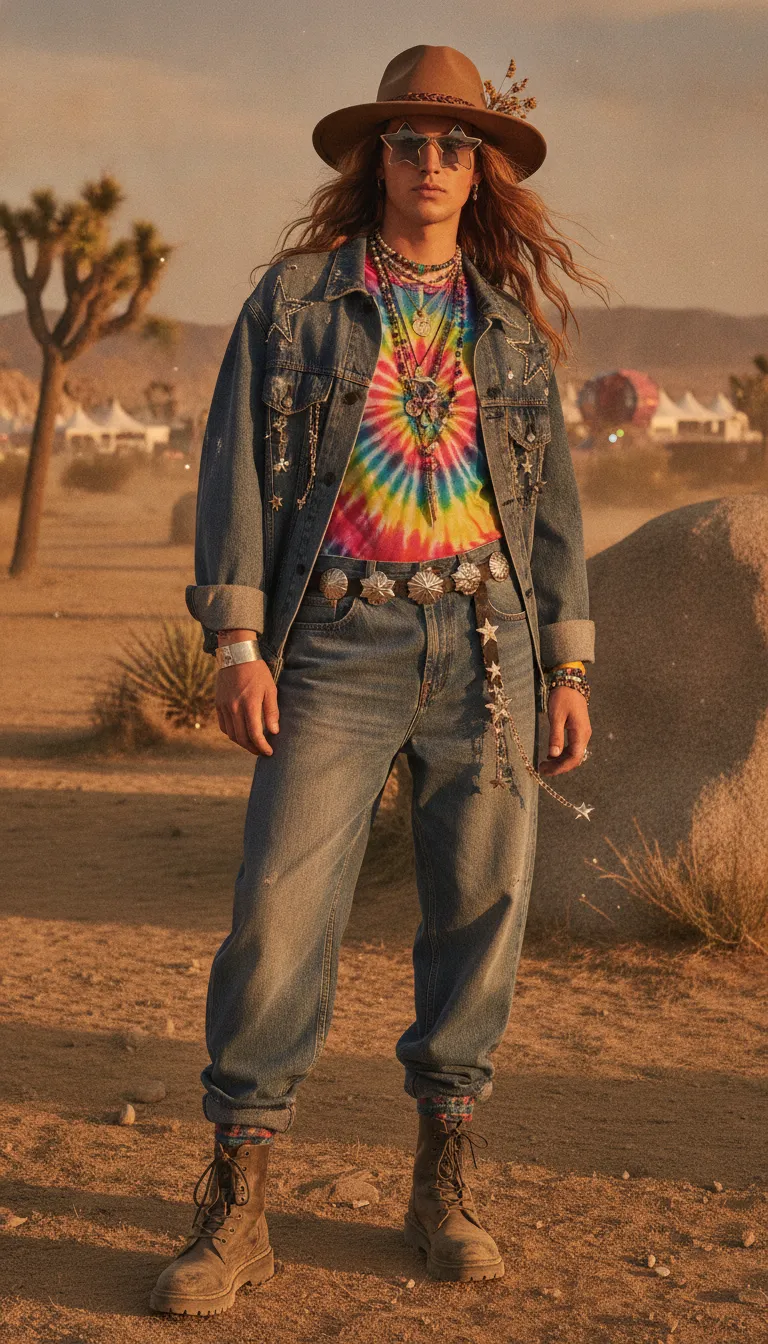 Colorful Coachella-inspired festival outfit with mesh texture and layered accessories