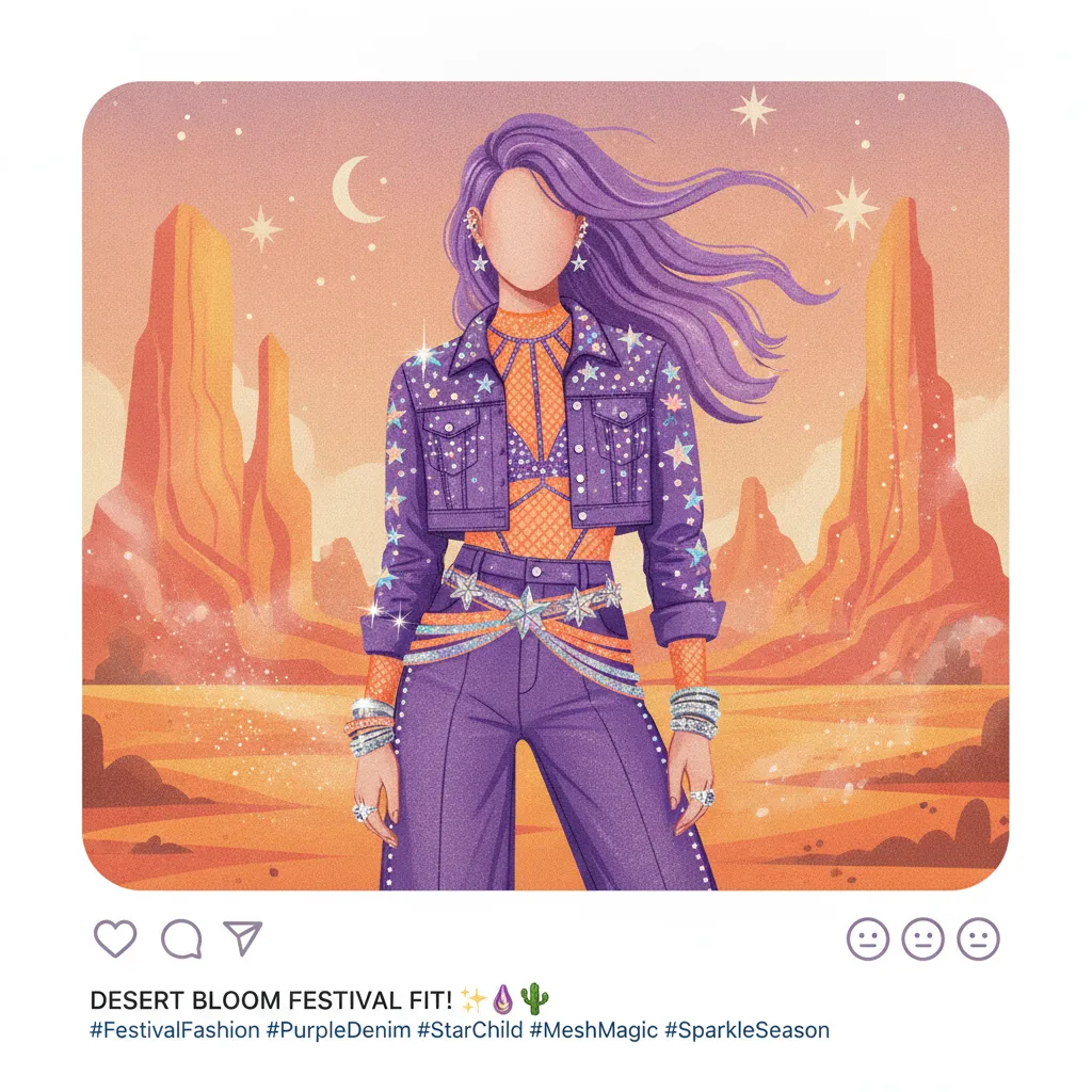 Stylized social media fashion post showing a festival outfit and accessories