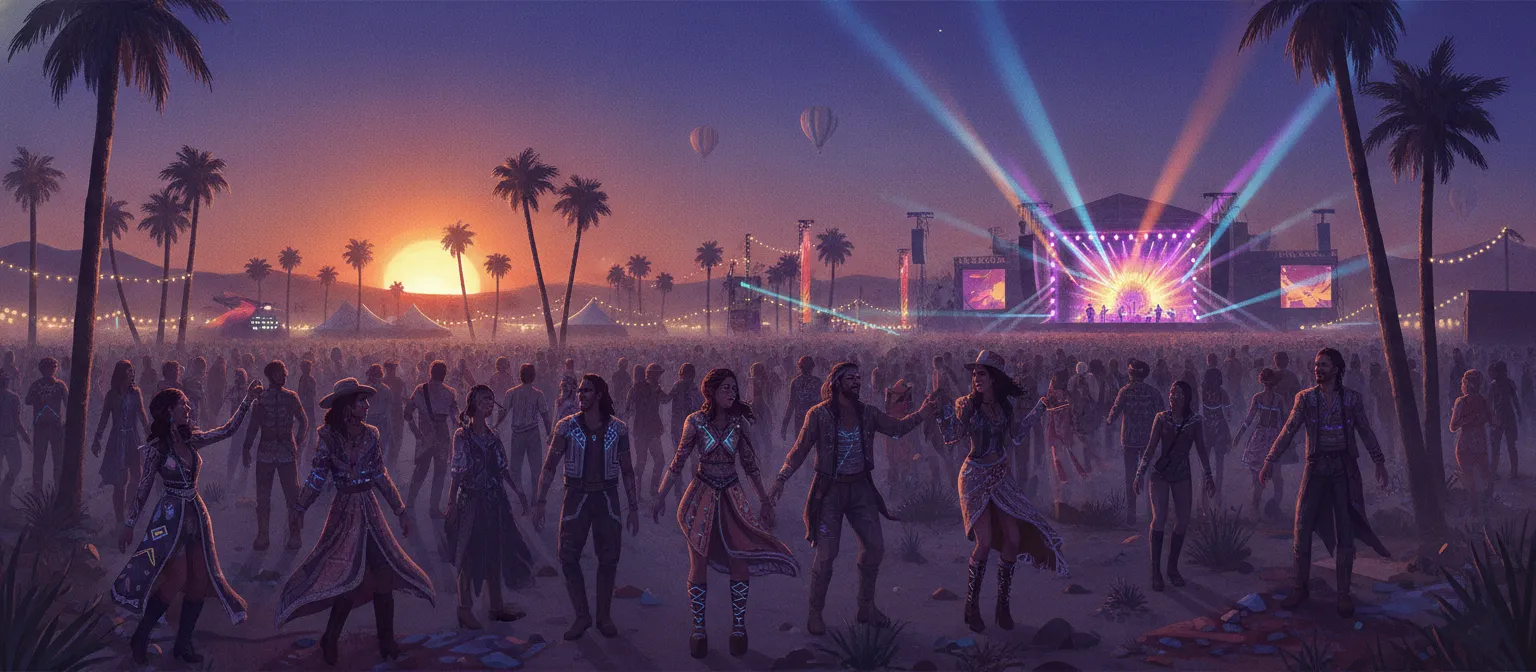 California desert festival scene with expressive fashion and warm evening light