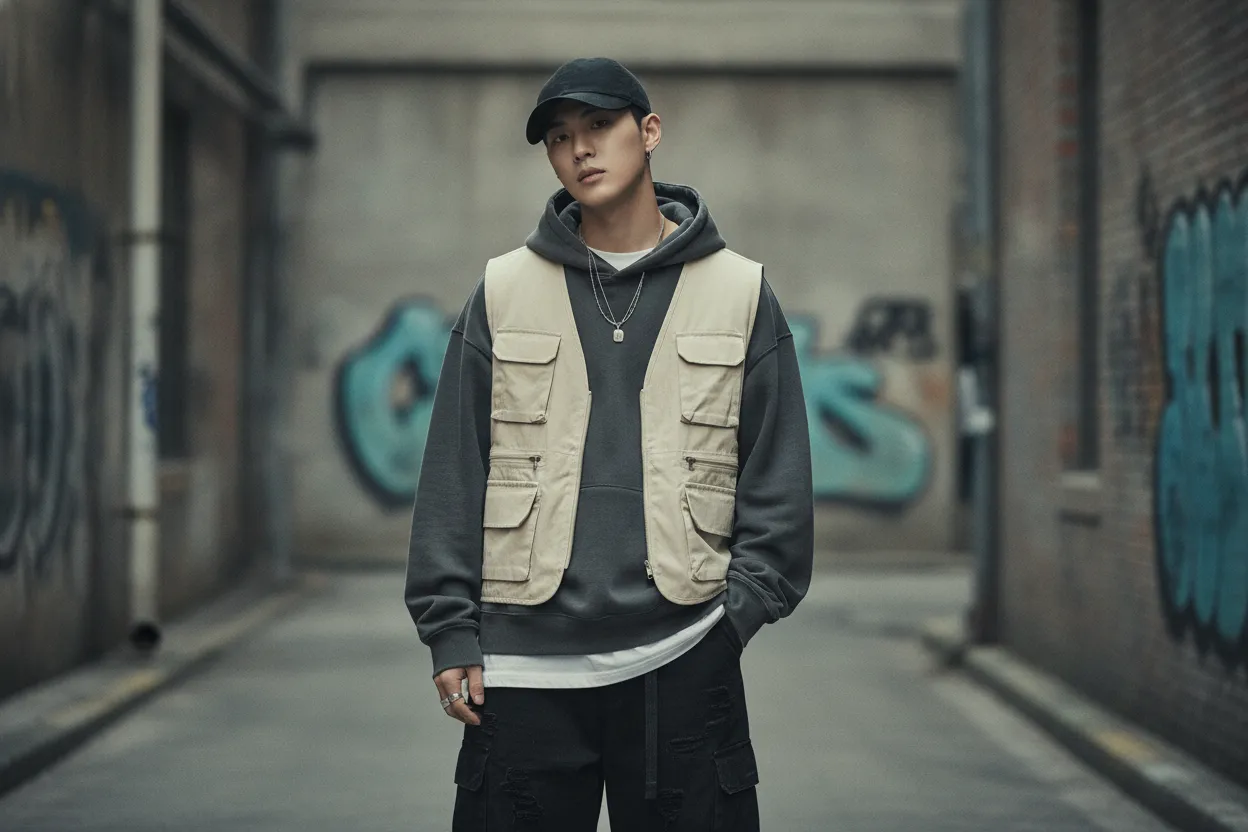 Hyun Suk cap and layered streetwear styling