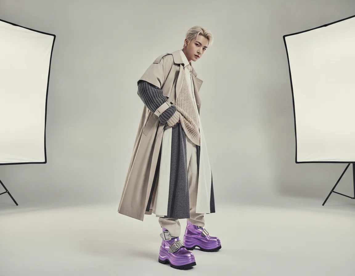 Hyun Suk neutral fashion look with bold shoes