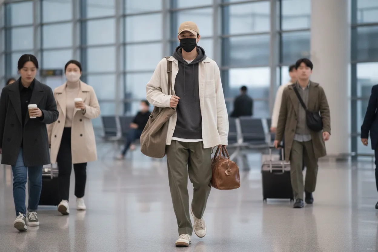 Hyun Suk relaxed airport fashion look
