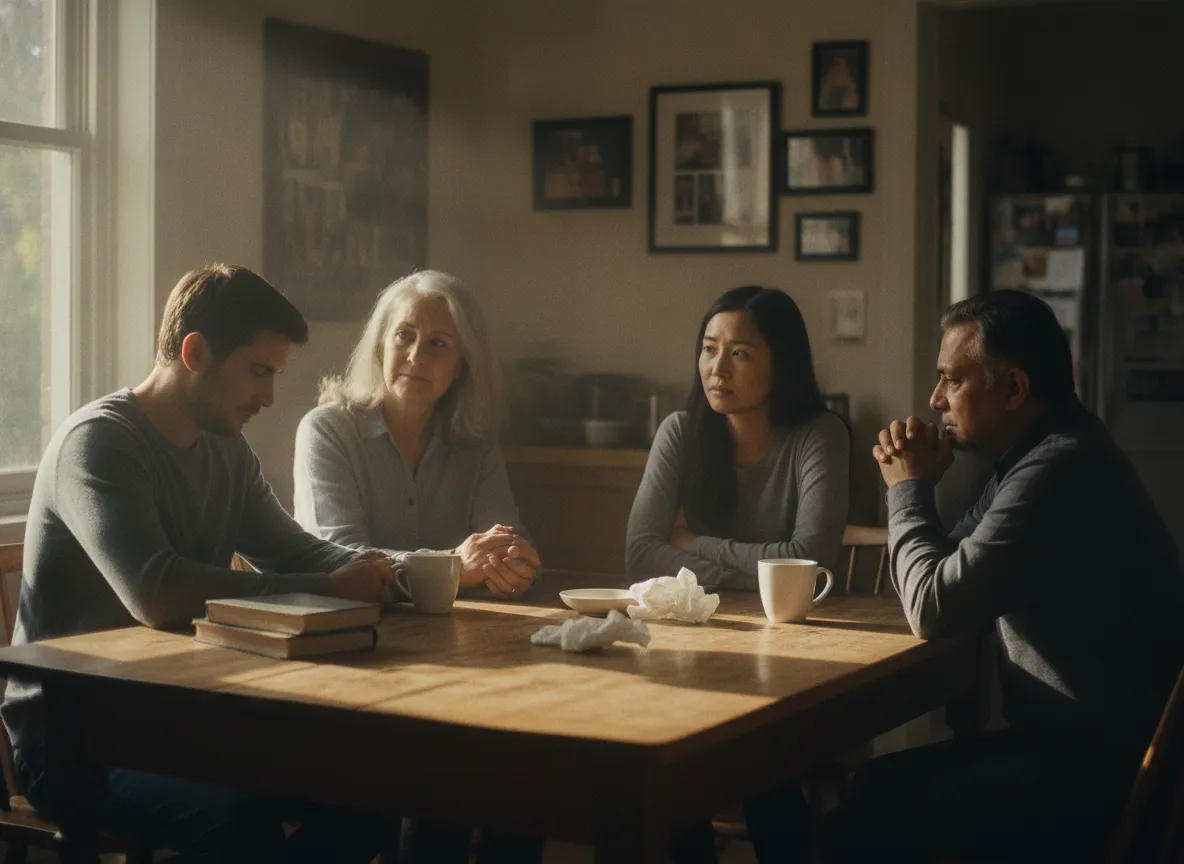 Family members discussing difficult relationship patterns around a kitchen table