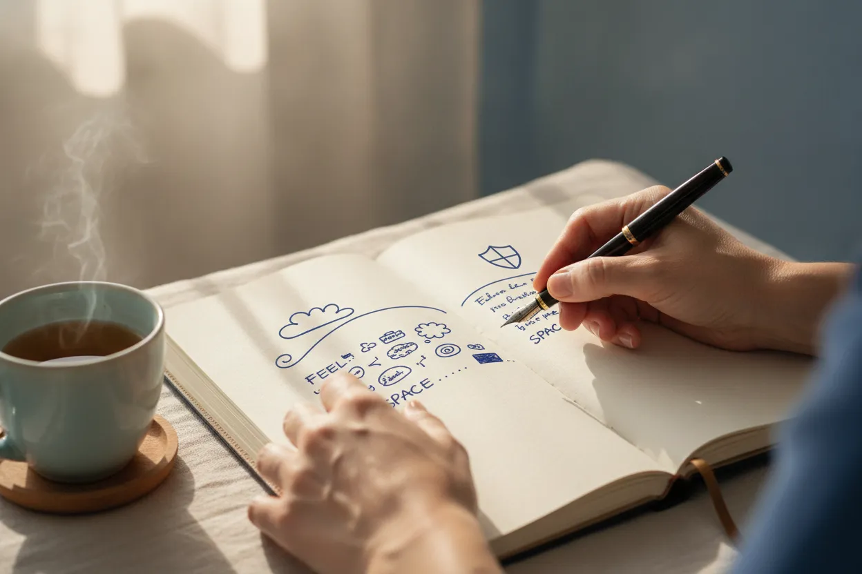 Person writing notes about emotions boundaries and relationship behavior in a journal