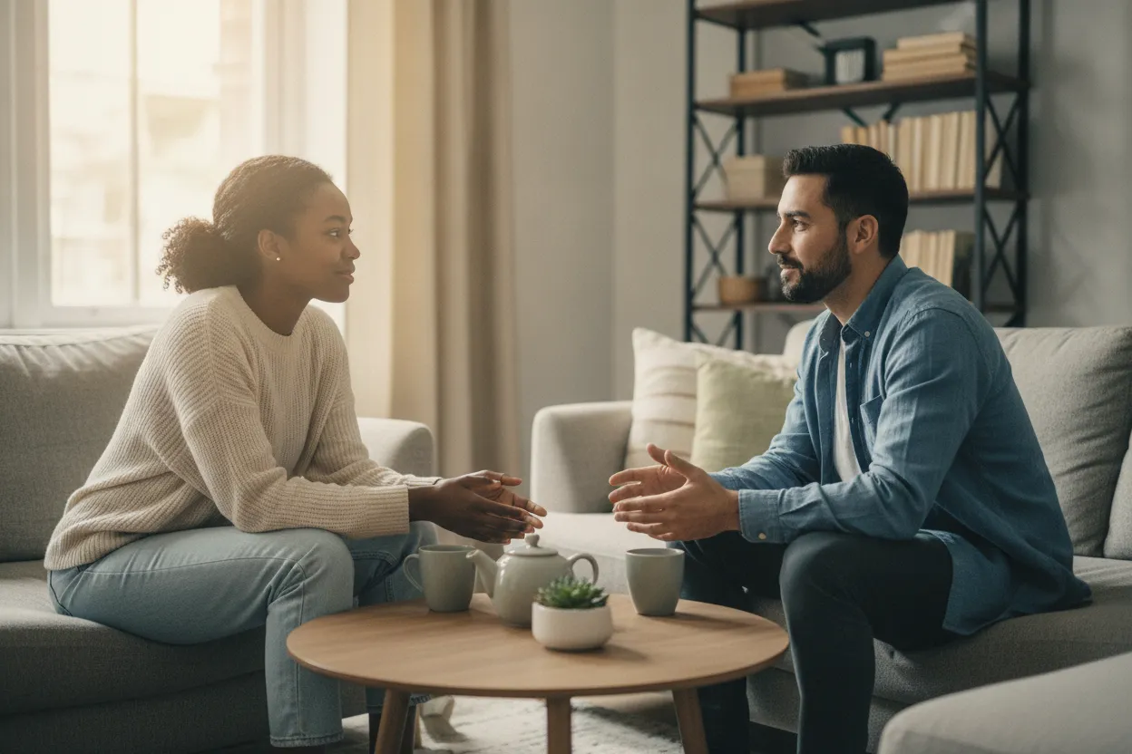 Two partners speaking calmly while practicing healthy communication and personal boundaries