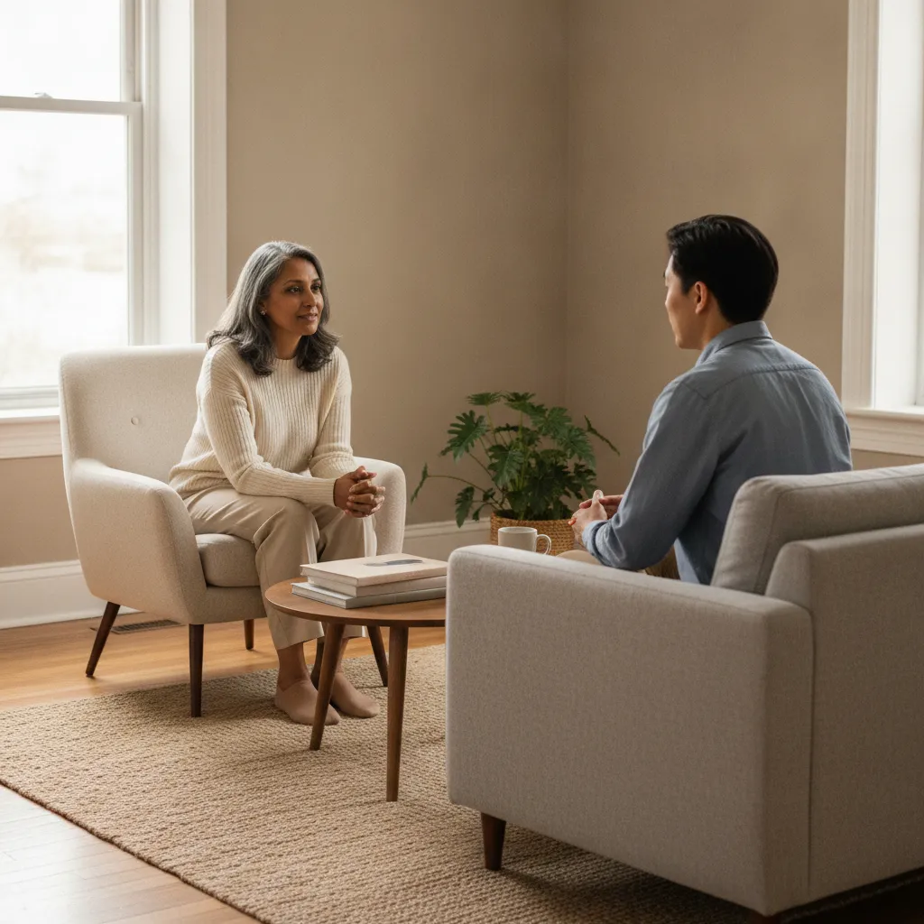 Supportive therapist listening to a client during a private counseling session about relationships