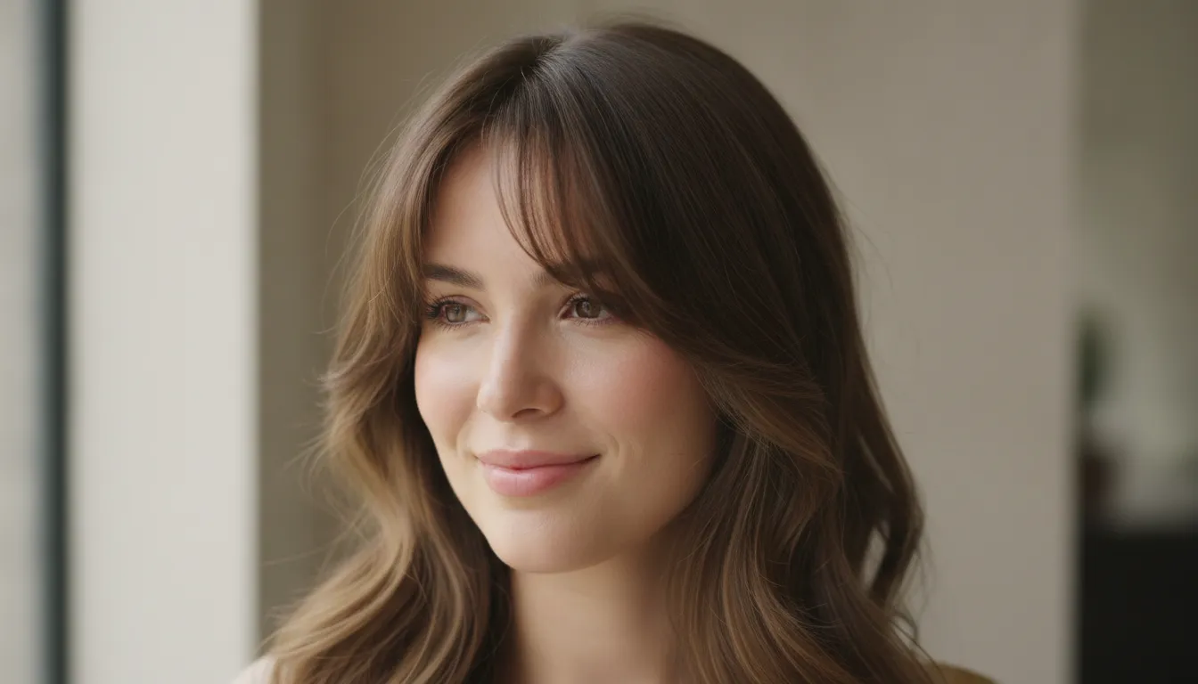Curtain bangs adjusted for a round face shape