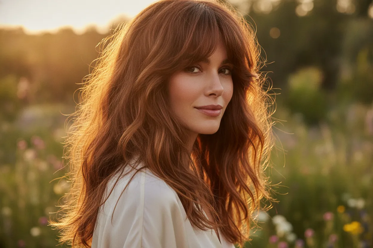 Curtain bangs on thick wavy hair with natural texture