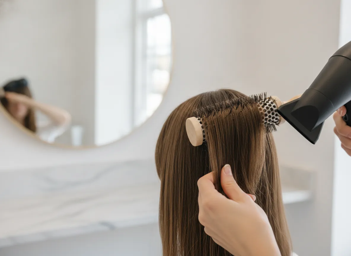 Round brush styling curtain bangs away from the face